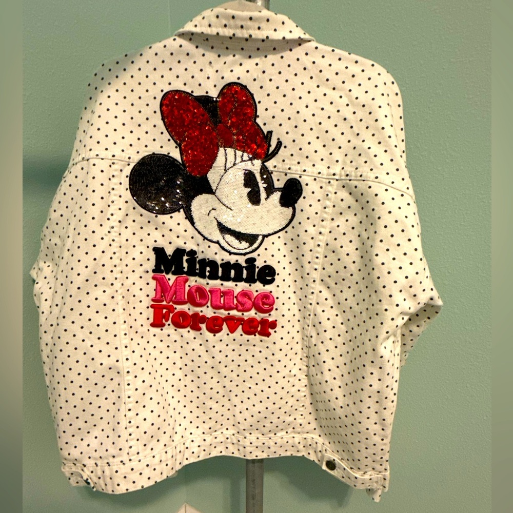 Disney Minnie Mouse Jean Jacket White W/Red & Black